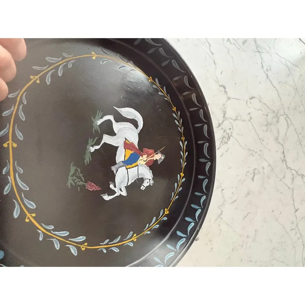 Vintage hand painted Colonial soldier horse round black metal serving tray 13”